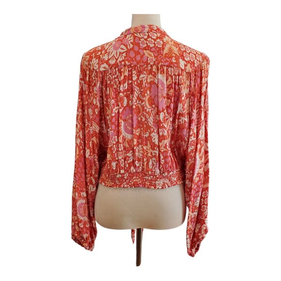 RACHEL ZOE SZ XL Salmon, Pink & Cream Flowy Long-sleeve Button up Rayon Top - Picture 6 of 9